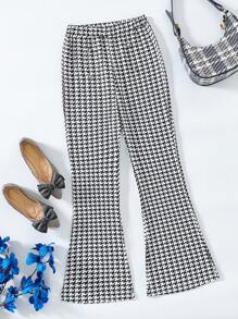 SHEIN Tween Girls Houndstooth Print Double-Breasted Flared Casual Pants