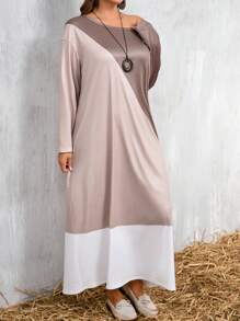 SHEIN LUNE Plus Size Asymmetrical Neck Color Block Elegant Long Sleeve Dress - Multicolor - View 6