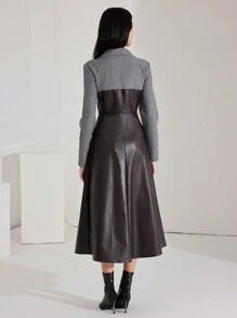 Heiryn Vestido coreano elegante de salir con cuello, de estilo elegante y de contraste de color con revestimiento de piel sintética - Multicolor - Ver 6