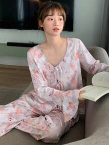 DAZY Pyjamaset met bloemenprint, ruches, strik aan de voorkant en strik aan de mouwen