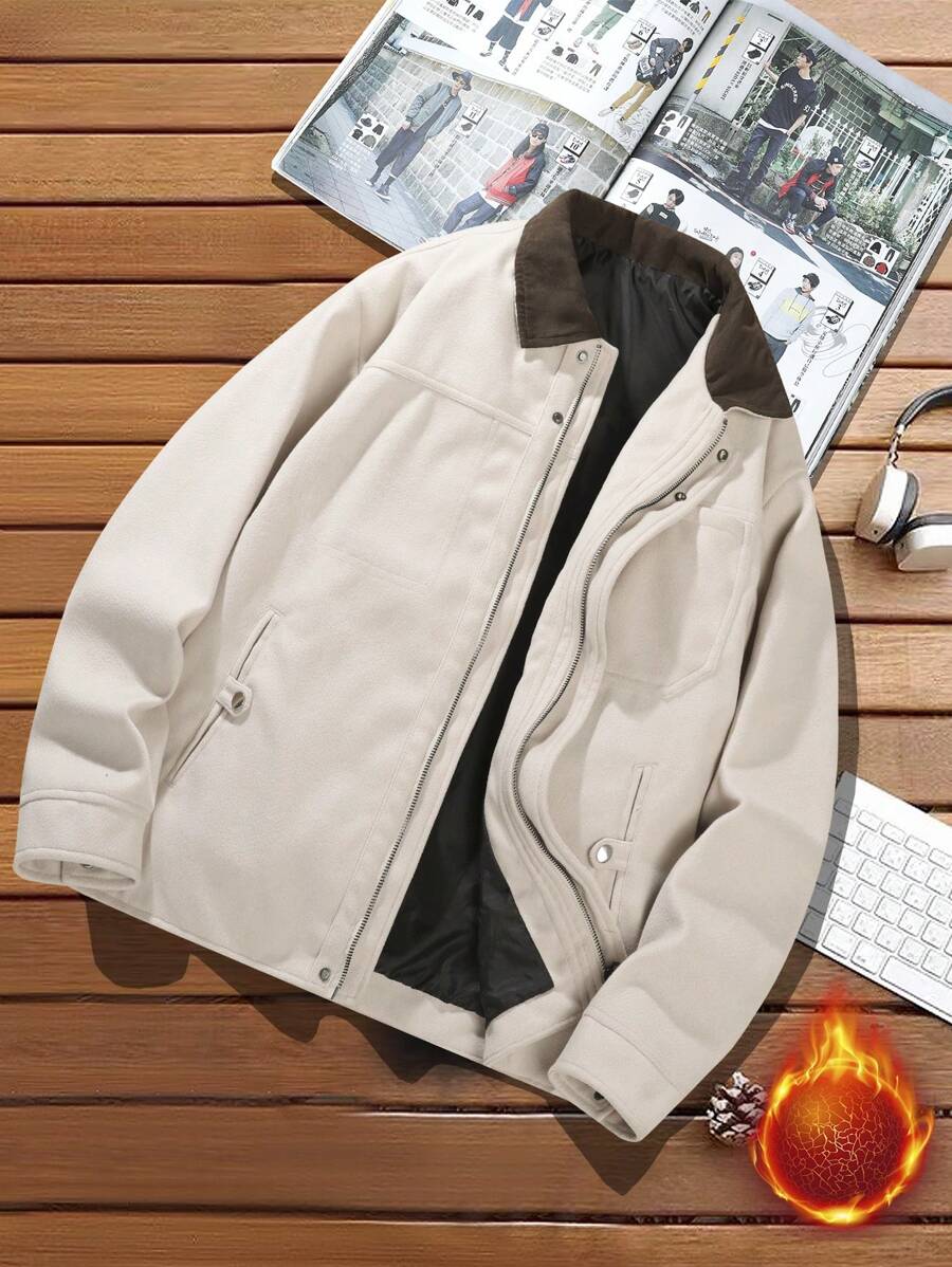 Manfinity Homme Men's Winter Contrast Color Collar Zipper Front Loose Jacket - Khaki - View 1