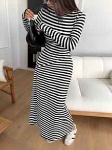 Muchica 女式黑色条纹针织紧身连衣裙 - 黑與白 - 查看 6