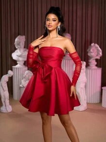 SHEIN Belle 女士勃艮第红色优雅时尚流行可爱红色缎面 3D 超大蝴蝶结装饰露肩褶饰后背系带设计高腰 A 字形泡泡袖喇叭下摆派对/约会/晚礼服、婚礼宾客礼服、舞会礼服 - 酒紅色 - 查看 6