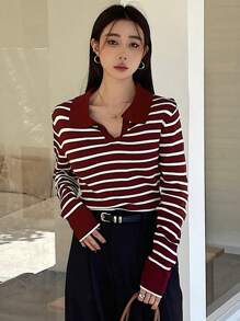 DAZY Suéter holgado de mujer con rayas casual para otoño - Burdeos - Ver 3