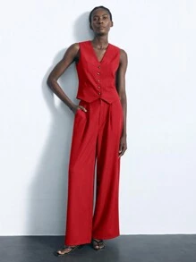 Maija 女士纯色单排扣背心和褶皱裤套装，休闲通勤商务套装，适合所有季节 - 紅色 - 查看 1