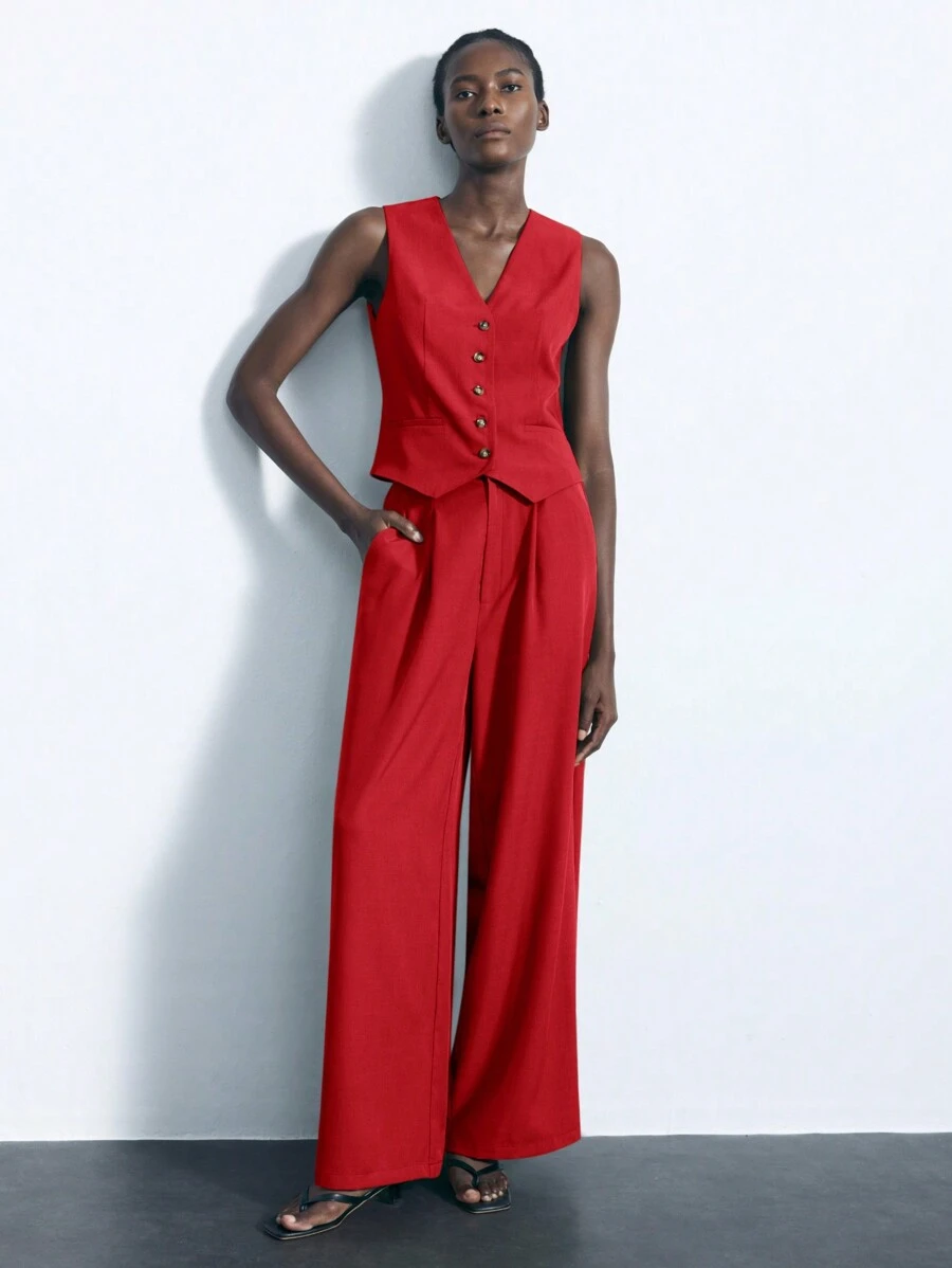 Maija 女士纯色单排扣背心和褶皱裤套装，休闲通勤商务套装，适合所有季节 - 紅色 - 查看 1