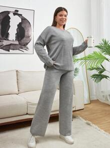 SHEIN Cottnline Plus Size Women Faux Pearl Detailed Sleeve Sweater And Pant Two Pieces Outfit Sets - Grey - View 4