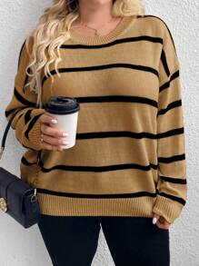 SHEIN CURVE+ Pull col rond taille forte femme, mode décontractée, style simplifié avec rayures bicolores, pour l'automne/hiver