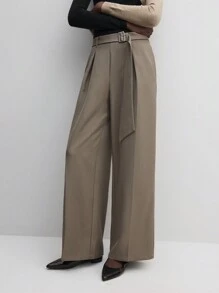 BizChic 女士纯棕色系带长裤，优雅通勤裤，适合节日、圣诞节 - 卡其色 - 查看 6