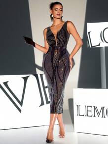 Plunge Neck Sequin Party Dress - Black - View 1