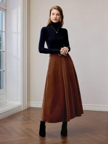 MOTF PREMIUM VELVET FAUX PEARL BUCKLE BELTED FLARE SKIRT