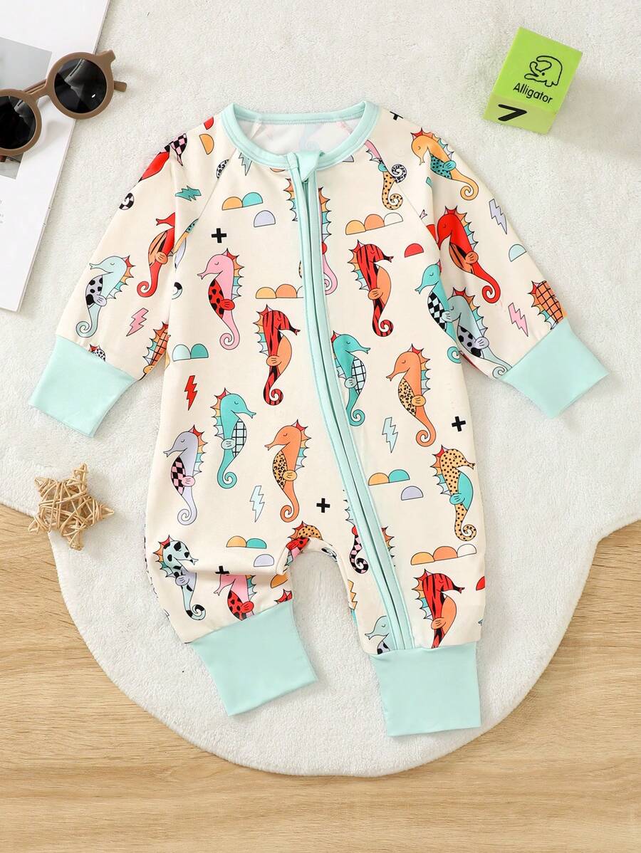 Bộ đồ liền thân liền quần in kỹ thuật số toàn thân dễ thương và thoải mái cho bé gái, họa tiết cá ngựa, màu tương phản, tay dài, khóa kéo phía trước, đồ mặc ở nhà - Màu xanh Bạc hà - Xem 1