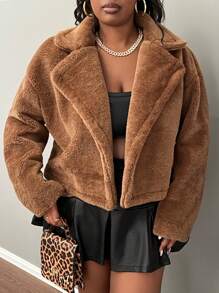 Slaydiva Plus Size Elegant, Casual, Party & Dating Versatile Solid Brown With Pockets Fluffy Women Plus Size Short Jacket, Warm For Autumn/Winter - Brown - View 7