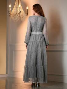 The Great Gatsby x MOTF GLITTER MESH OVERLAY LANTERN SLEEVE TIERED HEM FAUX PEARL WAIST EVENING DRESS
