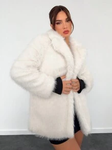 Aloruh 1pc Women Solid Color Open Front Long Sleeve Fluffy Jacket, Autumn/Winter