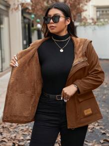 EMERY ROSE Plus Size Women Winter Solid Color Long Sleeve Thermal Lined Hooded Casual Loose Jacket Fall Cloth For Women Autumn - Brown - View 8