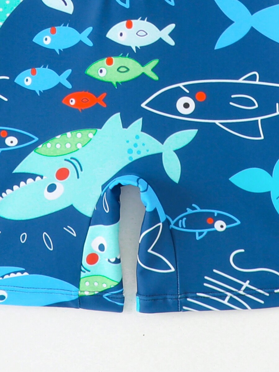 Young Boy Cartoon Print Half Zipper Long Sleeve Rash Guard & Swimming