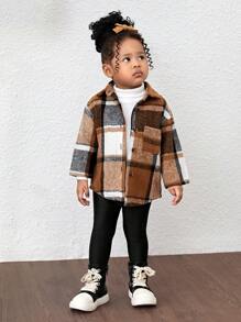 SHEIN 3 pièces/Set Veste à carreaux pour bébé fille, pull tricoté et pantalon à taille élastique, automne/hiver - Tabac - Voir 6