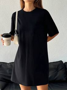 SHEIN EZwear Casual Loose Round Neck Short Sleeve Short Women's Summer Dress,Dresses For Women Summer Suitable For Going Out Chic Dress - Black - View 6