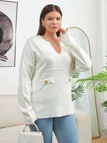 RueChic Plus Size Women Solid Color Drop Shoulder Button Detailed Pullover Sweater