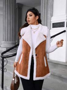 Calvaya Plus Size Women Color Block Fur Trim Lapel Single Breasted Vest Jacket For Winter - Brown - View 6