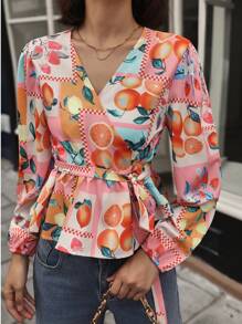 SHEIN BAE Women's Spring & Summer Fruit Print Tie-Waist Ruffle Hem Elegant Blouse Fall Cloth For Women - Multicolor - View 4