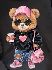 SHEIN Sudadera con capucha casual de manga larga con diseño de corazón y oso para niñas preadolescentes, de tela gruesa adecuada para otoño e invierno
