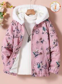青少年女孩花卉印花蓬松领连帽棉服夹克，适合冬季、假日、夏季、旅行 - 粉色 - 查看 3