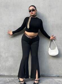 Flirla Damen große Größen Hose mit Leoparden-Muster Kontrast