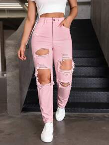 SHEIN EZwear 休闲破洞锥形牛仔裤，适合夏秋季节 - 淺粉色 - 查看 4