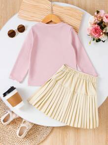 SHEIN 2pcs/Set Girls Autumn/Winter Slogan & Badge Print Long Sleeve Sweatshirt + Pleated Skirt, Sporty College Style Suit For Casual, Sports, Outing, Everyday - Multicolor - View 2