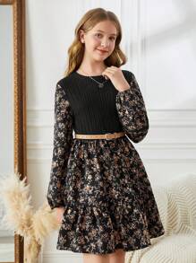 SHEIN 少女黑色碎花拼布腰部 A 字形长袖复古优雅连衣裙，乡村风格 - 黑色 - 查看 6