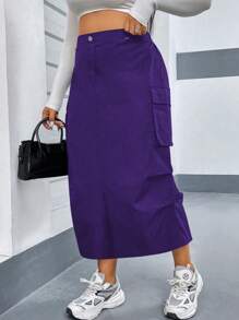 Flirla Plus Size Women Solid Color Pleated Straight Loose Casual Long Cargo Skirt Maxi Women Outfit