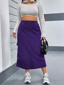 Flirla Plus Size Women Solid Color Pleated Straight Loose Casual Long Cargo Skirt Maxi Women Outfit