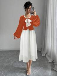 Chiquease فستان يناسب الوظيفة مع أكمام فانوس و فيونكة أنيقة للنساء، موسم الخريف