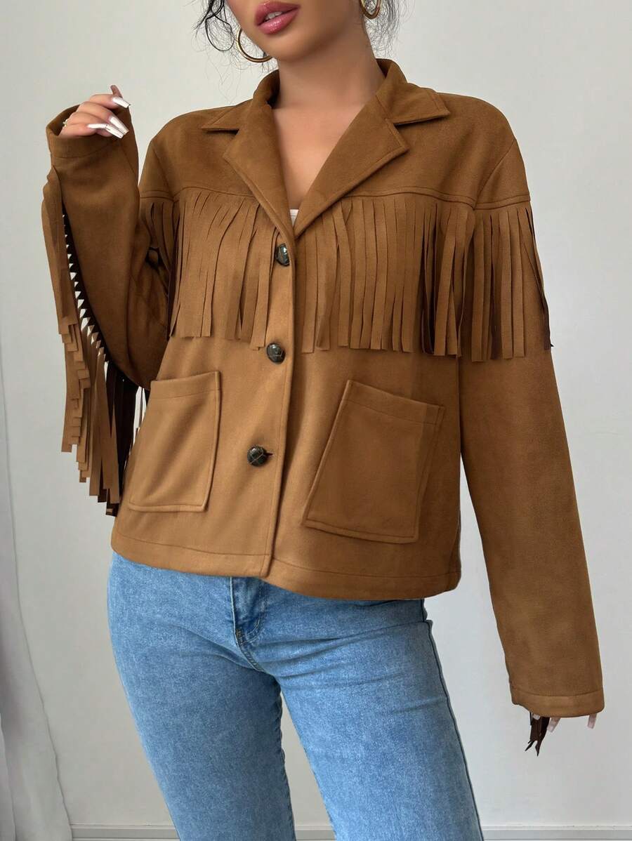 SHEIN Unity Casual Solid Color Fringe Decoration Dual Pocket Jacket For Autumn - Brown - View 1