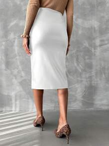EURMUSE Women's High Waisted Slim Fit Side Slit Skirt - White - View 2