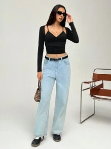 SHEIN EZwear Damska jednokolorowa, długa, dopasowana, skrócona, casualowa koszulka z długim rękawem, wiosna i lato - Czarne - Zobacz 3