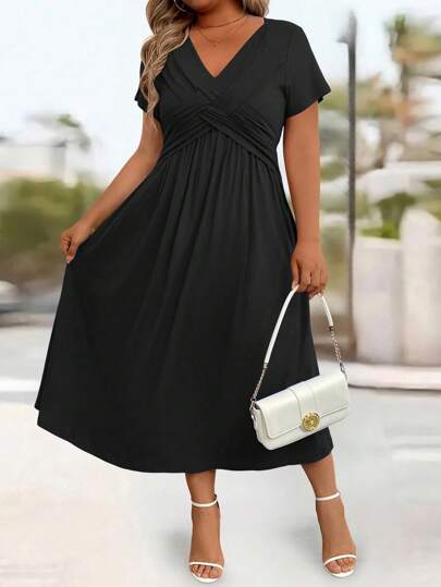 EMERY ROSE Plus Size Casual Solid Color V-Neck Cinched Waist Slant Pocket Sundress For Summer, For Thanksgiving Maxi Women Outfit