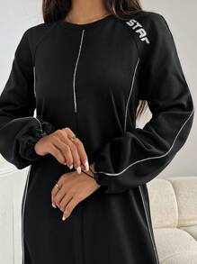 Mulvari Letter Print Contrast Trim Super Long Dress For Women - Black - View 6