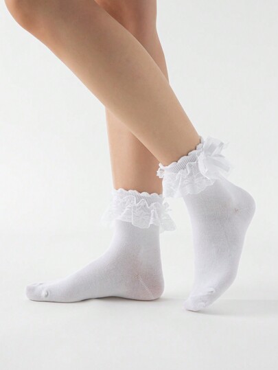 Kawaii Women Solid Color Lace Splicing Fashion Versatile Mid-Calf Socks, Suitable For Daily Wear