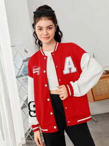 SHEIN 少女字母拼布印花长袖休闲夹克 - 紅色 - 查看 5