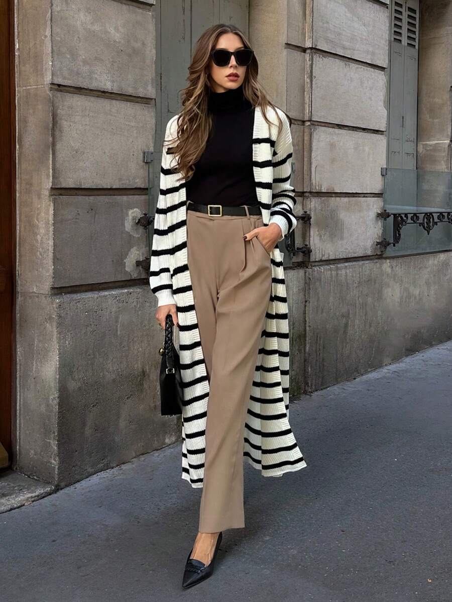 Chiquease Áo khoác Cardigan sọc Colorblock mới có túi, thiết kế tinh tế dành cho phụ nữ - Nhiều màu - Xem 1