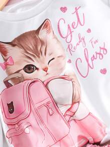 Set de 2 piezas con sudadera estampada de gato lindo y minifalda plisada para niña preadolescente