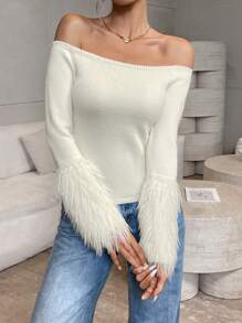 Chiquease Women's Autumn Off Shoulder Furry Patchwork Fitted Sweater, Knit Pullover Fall Winter - Beige - View 3