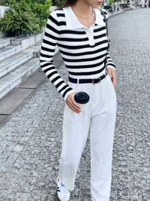 Chiquease Loose Contrast Color Polo Collar Striped Short Women Slim Fit Long Sleeve Pullover Casual Knit Sweater, Knit Pullover Fall Winter - Black and White - View 3