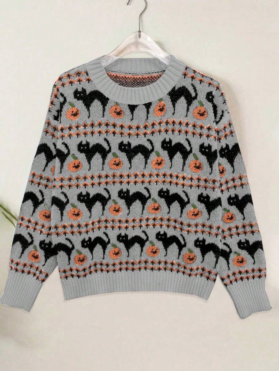 Chiquease Áo len dài tay cổ tròn họa tiết Halloween mới về, kiểu dáng thanh lịch cổ điển mùa thu đông. - Xám - Xem 1