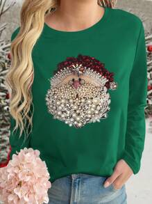 SHEIN LUNE Áo thun tay dài in hình ông già Noel cỡ lớn thời trang giản dị sang trọng - màu xanh lá - Xem 3