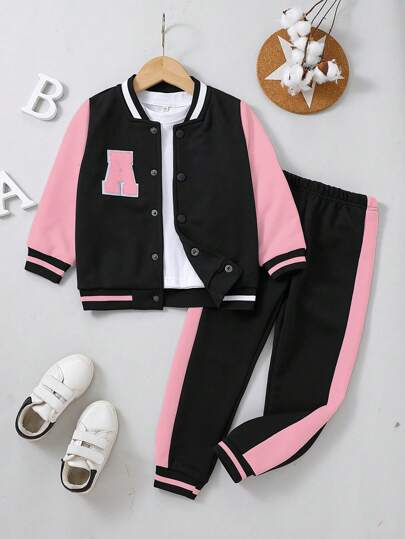 SHEIN 2 件套年轻男童休闲撞色字母贴片棒球夹克和裤子套装，秋季
