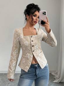 Chiquease Áo sơ mi nữ tay dài cổ vuông cài khuy đơn họa tiết hoa jacquard thanh lịch, mùa thu - Kem - Xem 3